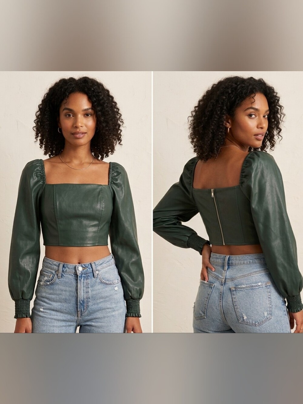 7 For All Mankind Faux Leather Square-Neck Puff-Sleeve Crop Top in Green Sz L
